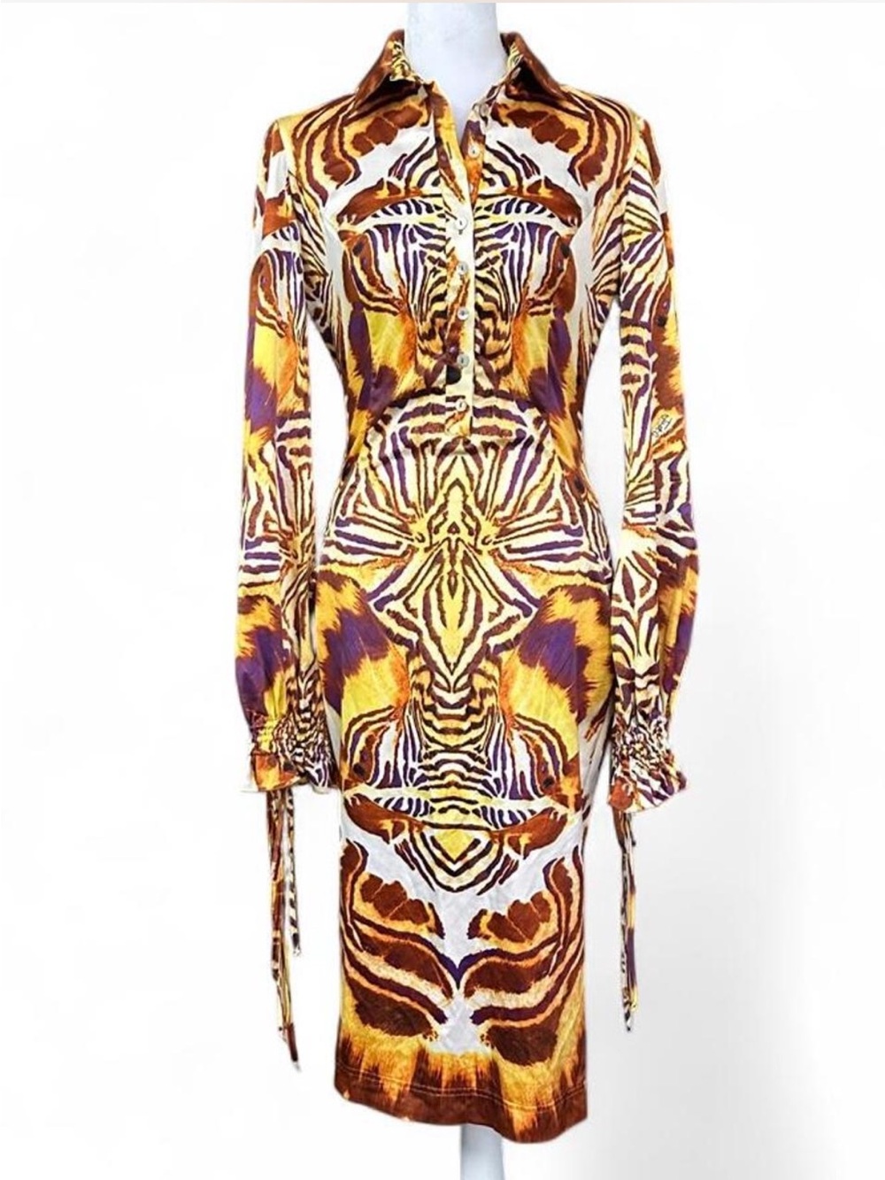 Just Cavalli Yellow Purple Brown Abstract Animal-Print Long Sleeve Dress